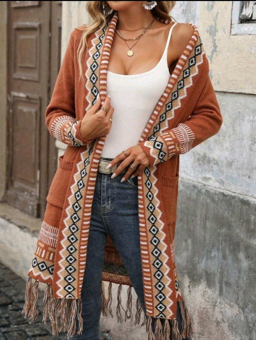 NEW Boho Fringe Open-Front Cardigan Sweater - Rust